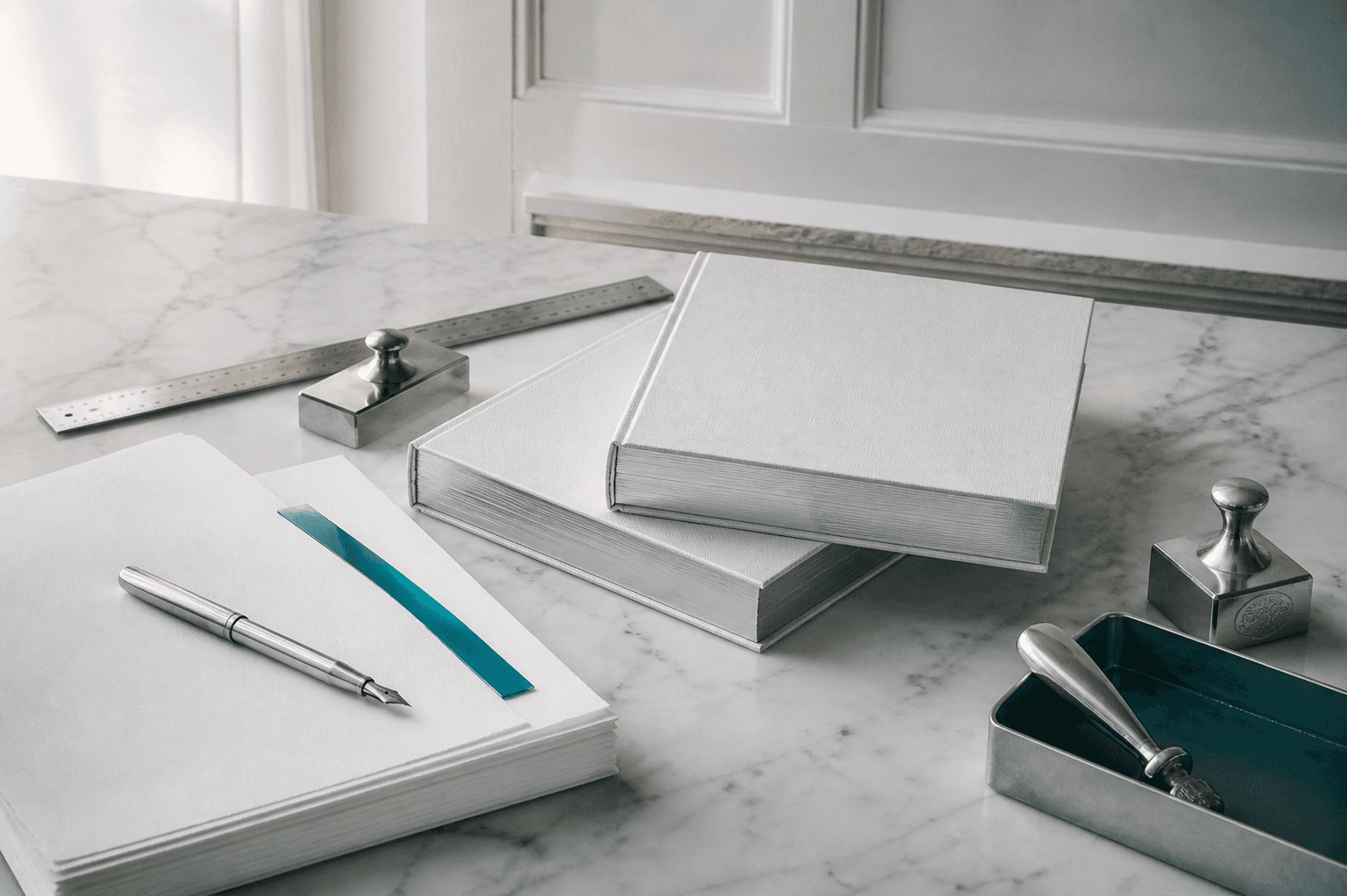 Pearl-white books, manuscript pages, and silver publishing tools photographed on white marble.
