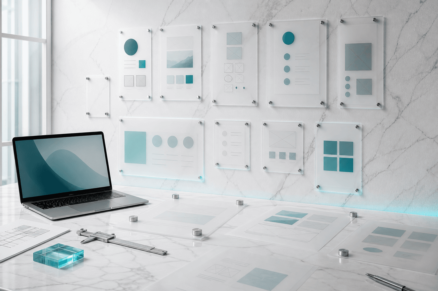 A real web-design studio with vellum wireframes, acrylic interface studies, and precision tools.